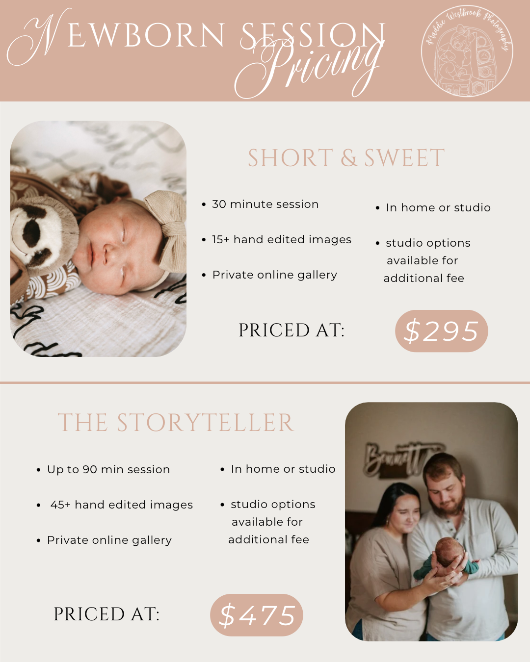 Newborn session photography pricing guide showing Short & Sweet at $295 and Storyteller at $475.