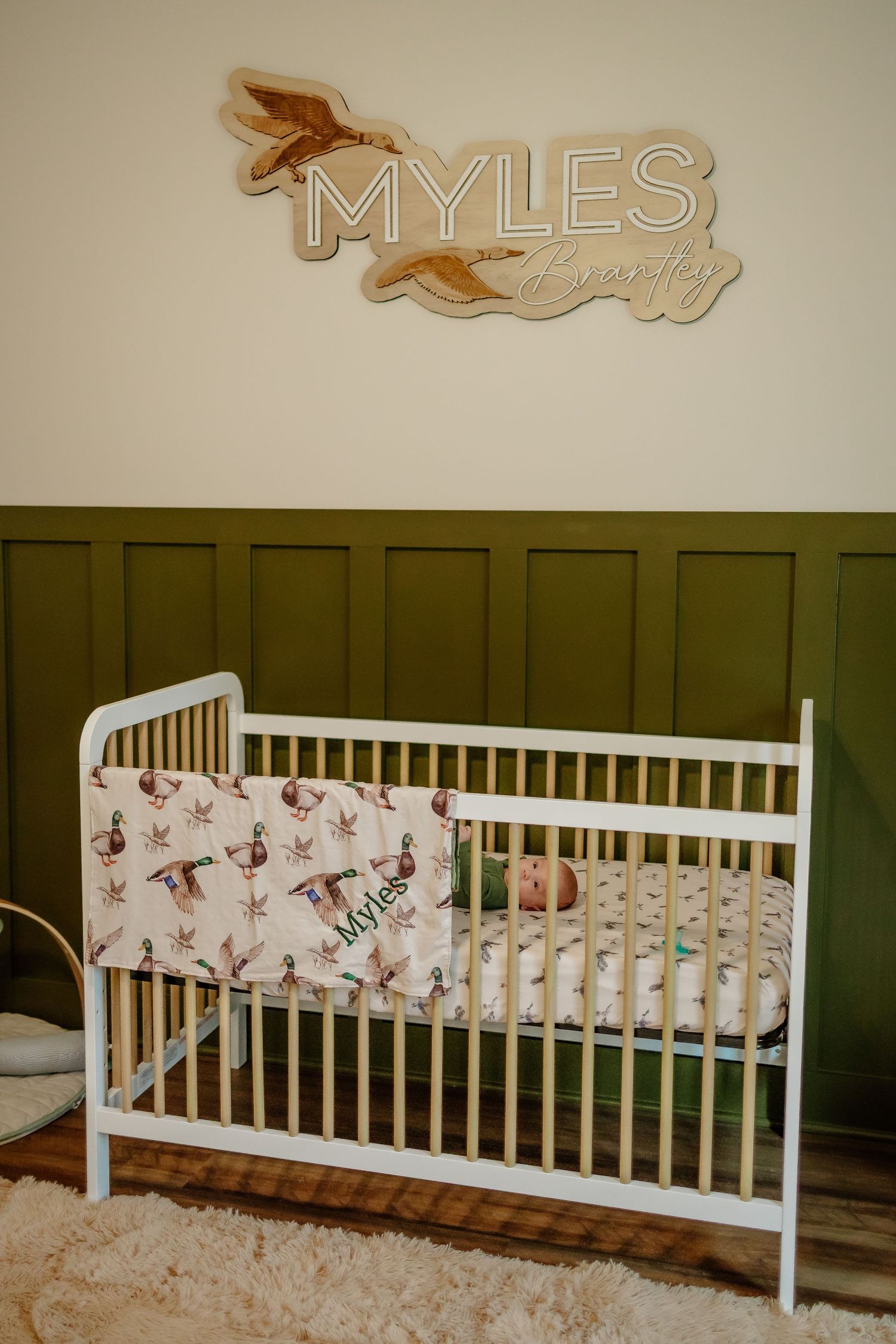 Bird-themed green and white nursery with custom Myles name sign above white crib.