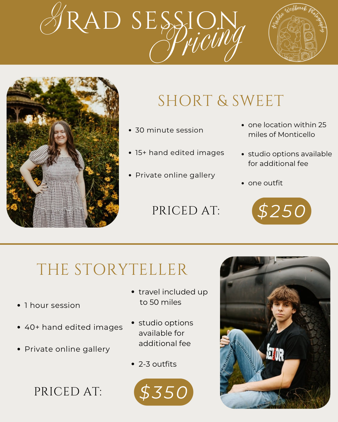 Grad session photography pricing guide showing Short & Sweet at $250 and Storyteller at $350.