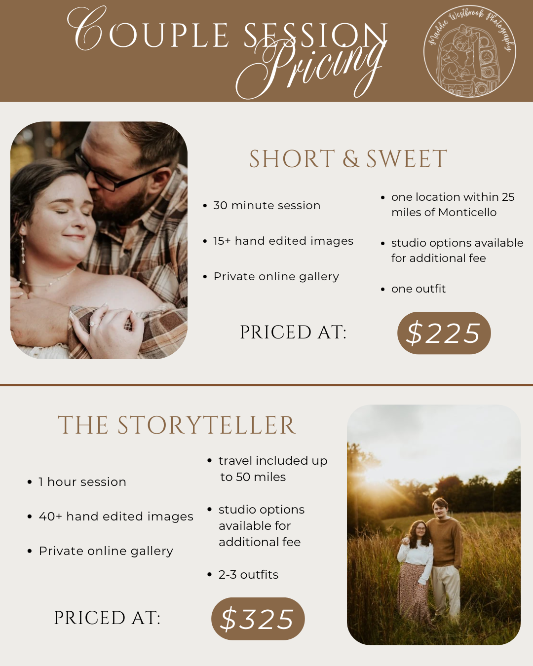 Couple session photography pricing guide showing Short & Sweet at $225 and Storyteller at $325.