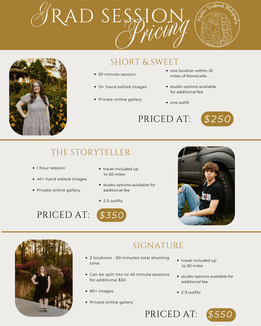 Senior grad session pricing guide showing three photography packages ranging from $250 to $550 with sample portrait photos.
