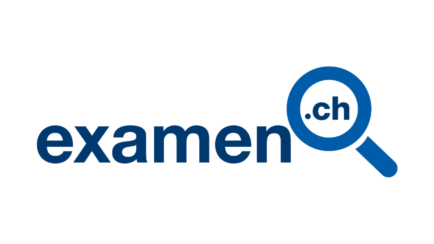 examen.ch logo featuring bold blue text with a magnifying glass icon and .ch domain symbol.