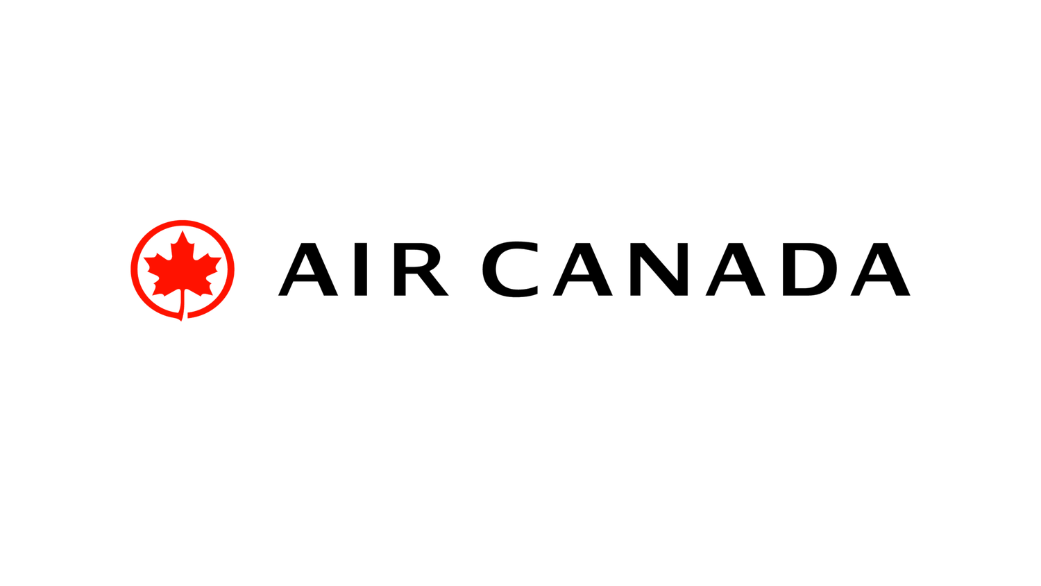 Air Canada logo featuring a red maple leaf emblem and bold black text on a white background.