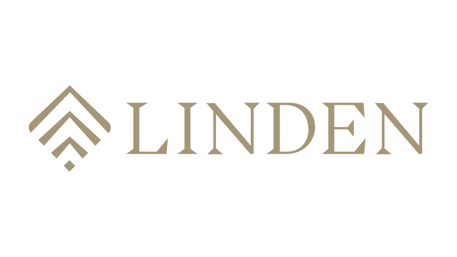 Linden brand logo featuring a geometric diamond emblem in gold tones with elegant serif typography.