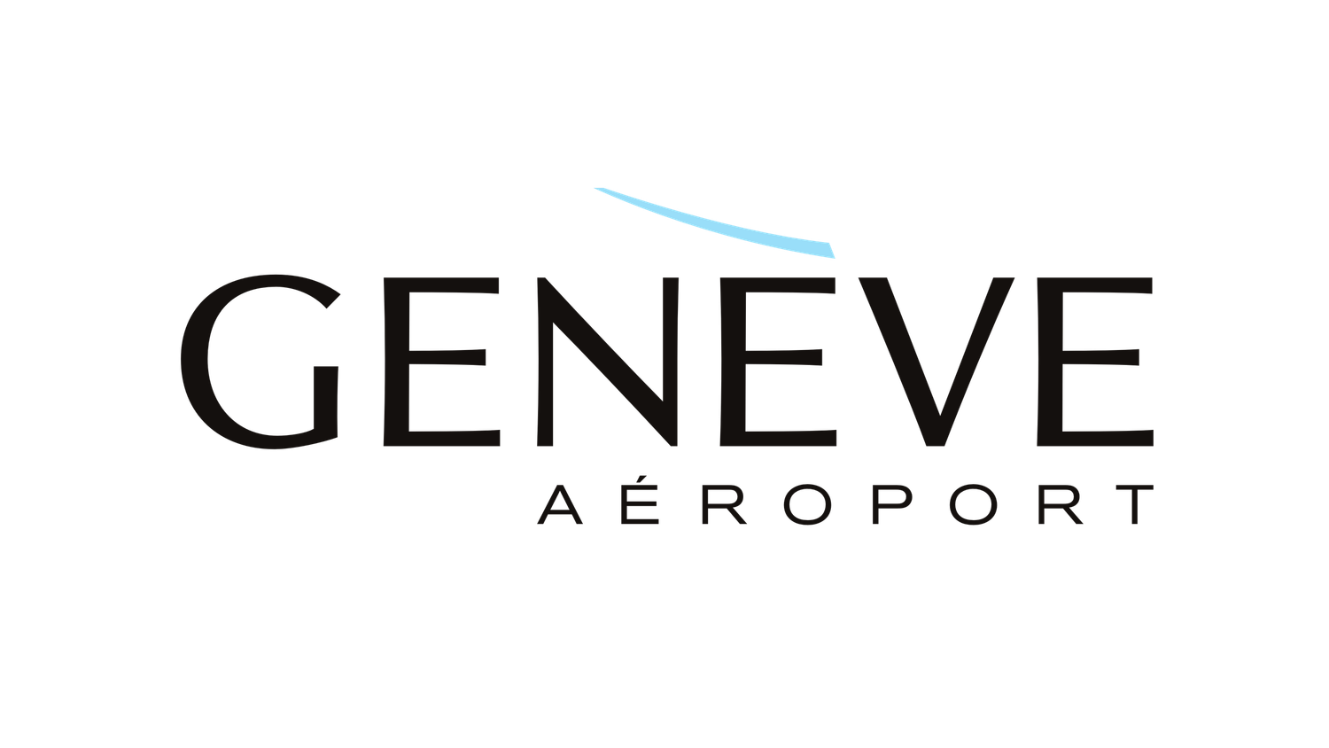 Geneve Aeroport official logo with bold black text and a light blue swoosh accent above the lettering.