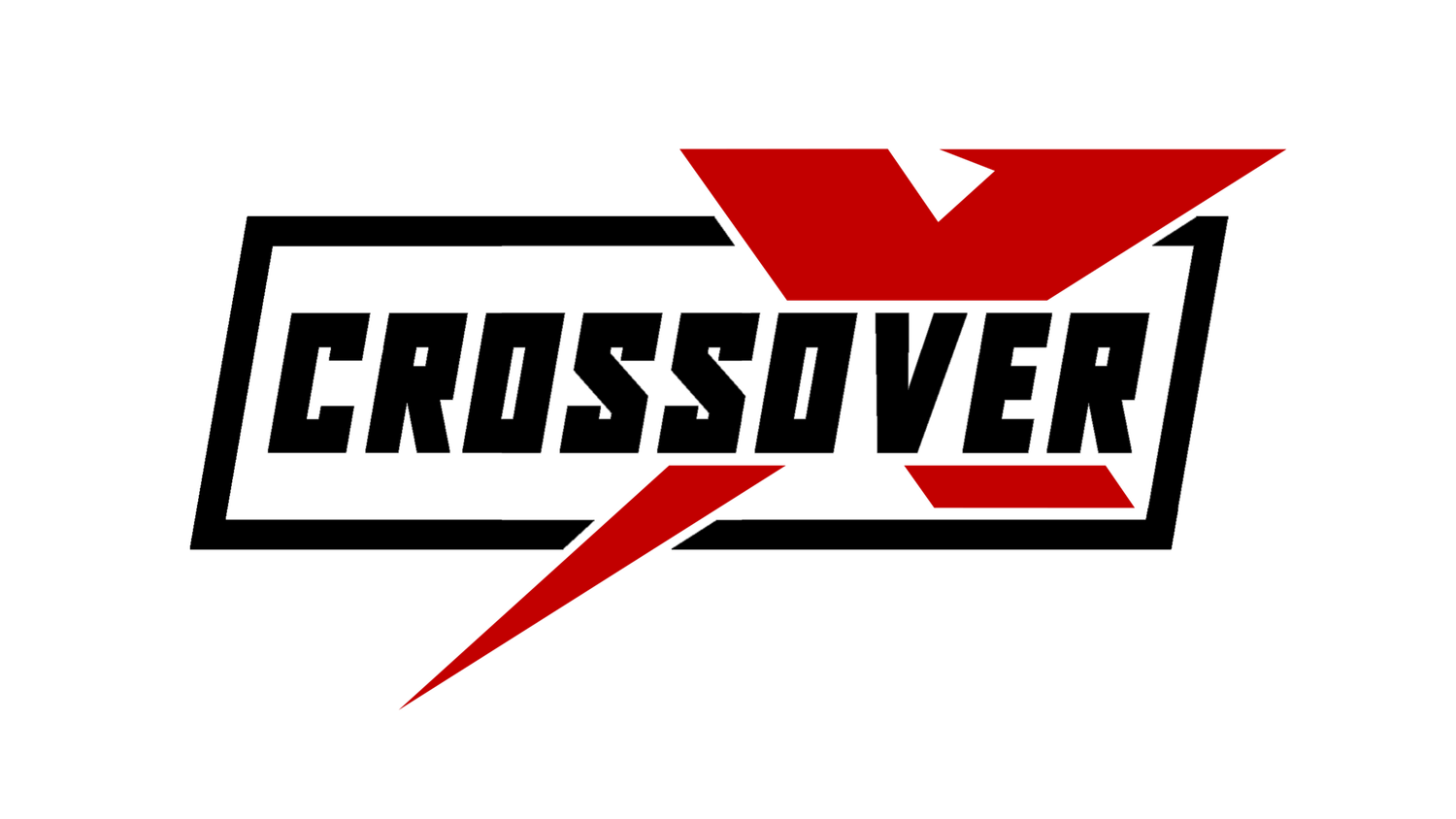Crossover logo with bold black text, red lightning bolt graphic, and rectangular border on white background.