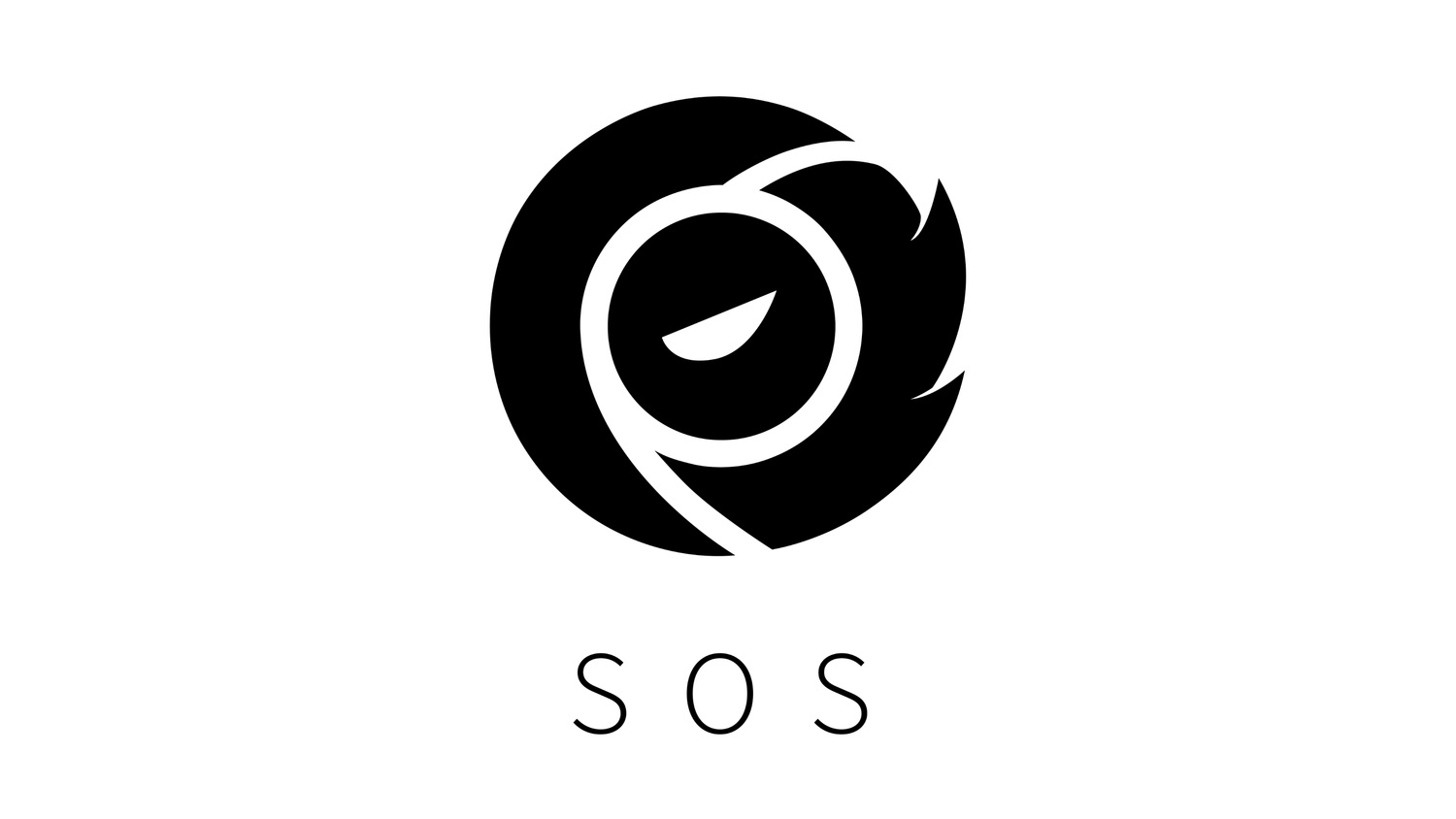 Black circular SOS logo featuring a stylized eye design with swirling arrows on white background.