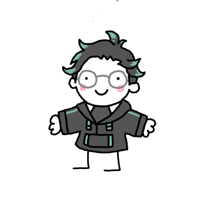 Cartoon-style drawing of Michelle Alexis Reber also known as Lycrus with round glasses, short tousled hair, and a loose dark jacket.