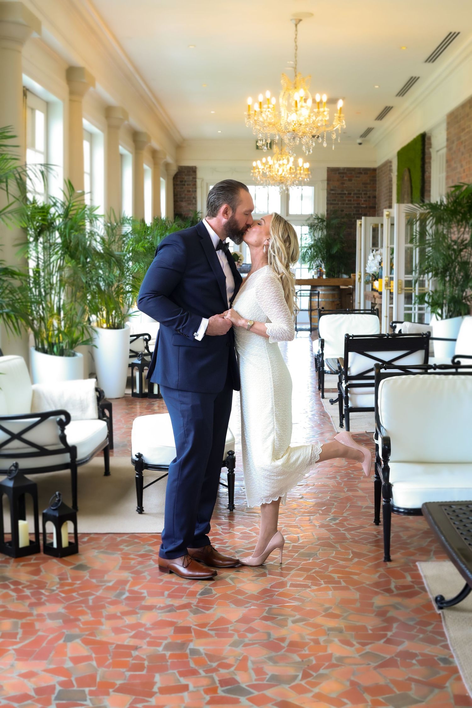 Wedding portrait of a couple indoors at their venue CAvalier Hotel Virginia Beach