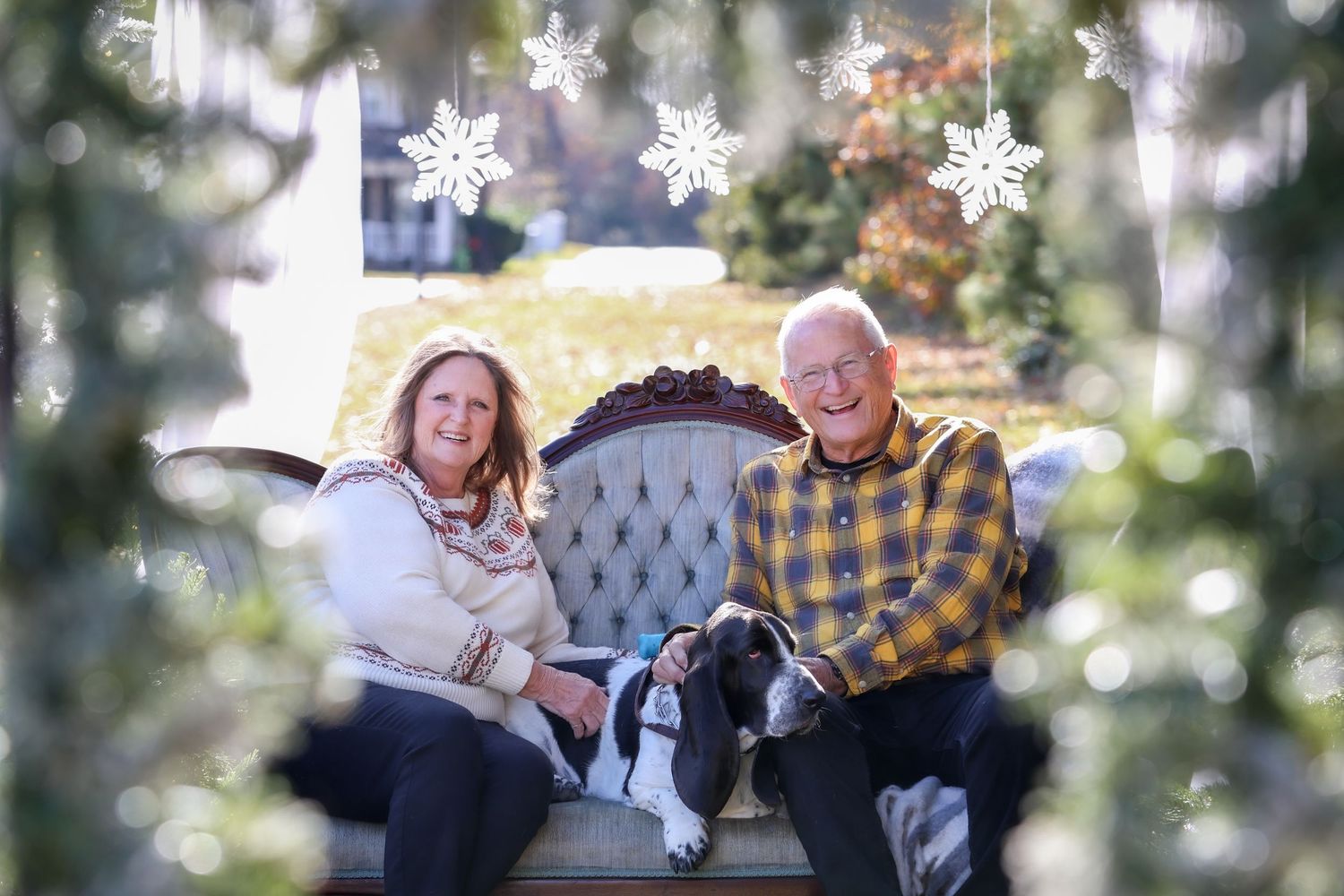 Holiday family portrait of a couple with their dogs