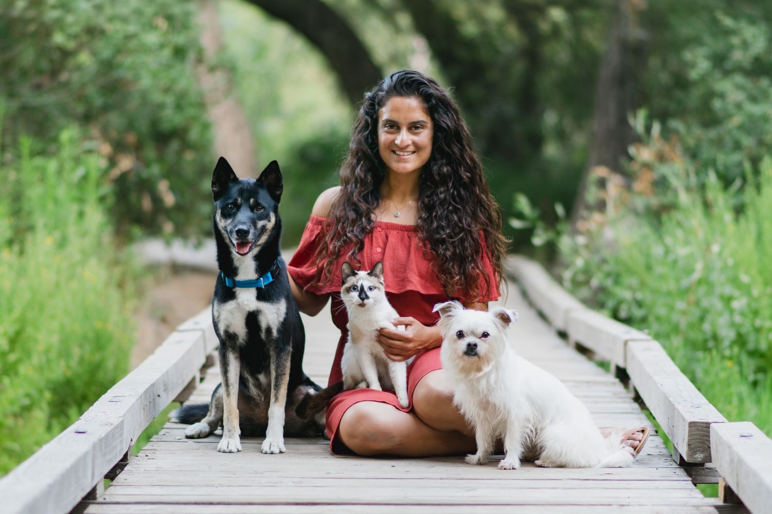 Smiling woman sits on bridge surrounded by three dogs in lush green park.
