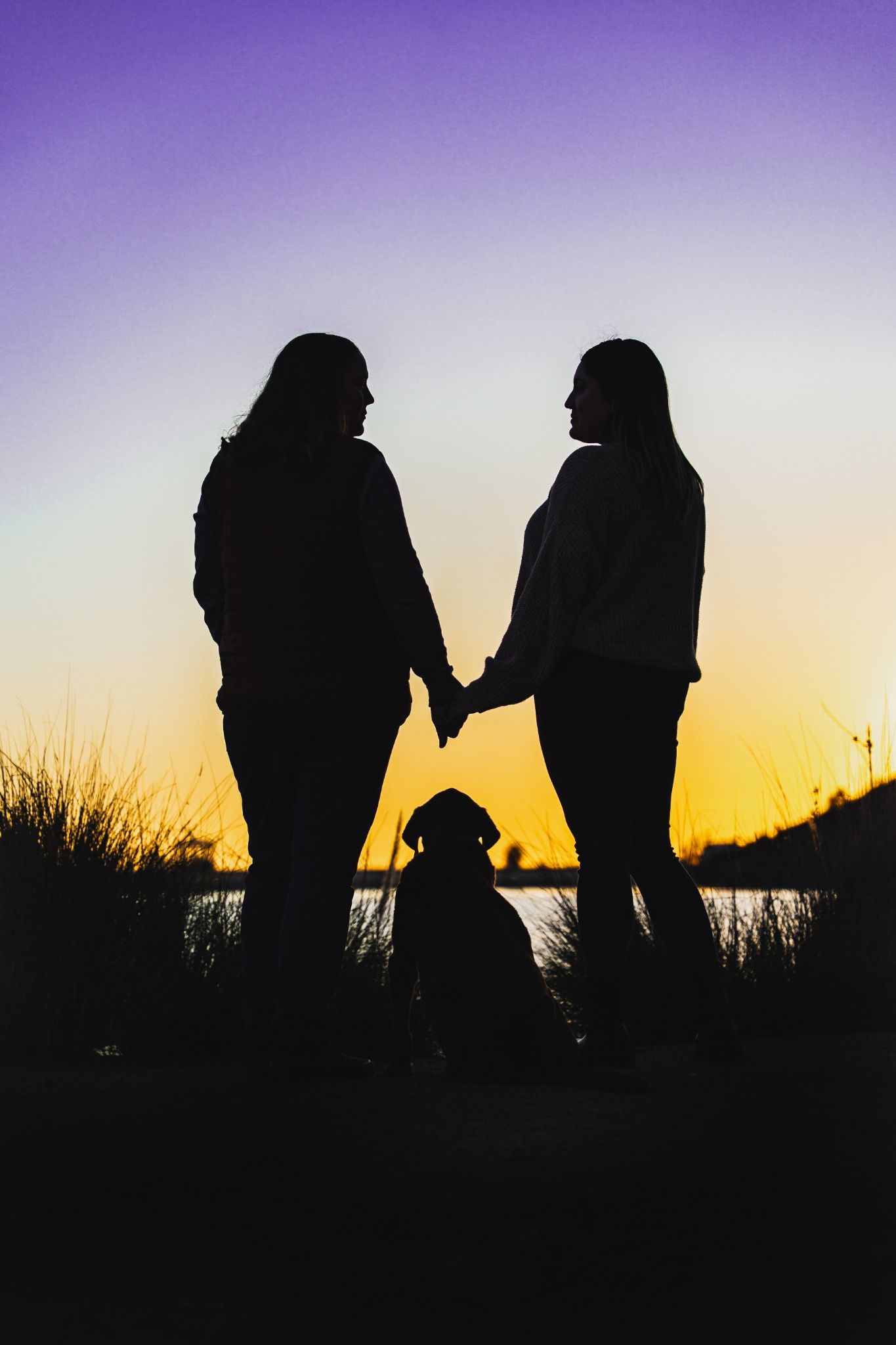 Silhouette of two women holding hands with a dog at sunset, purple and golden sky background.