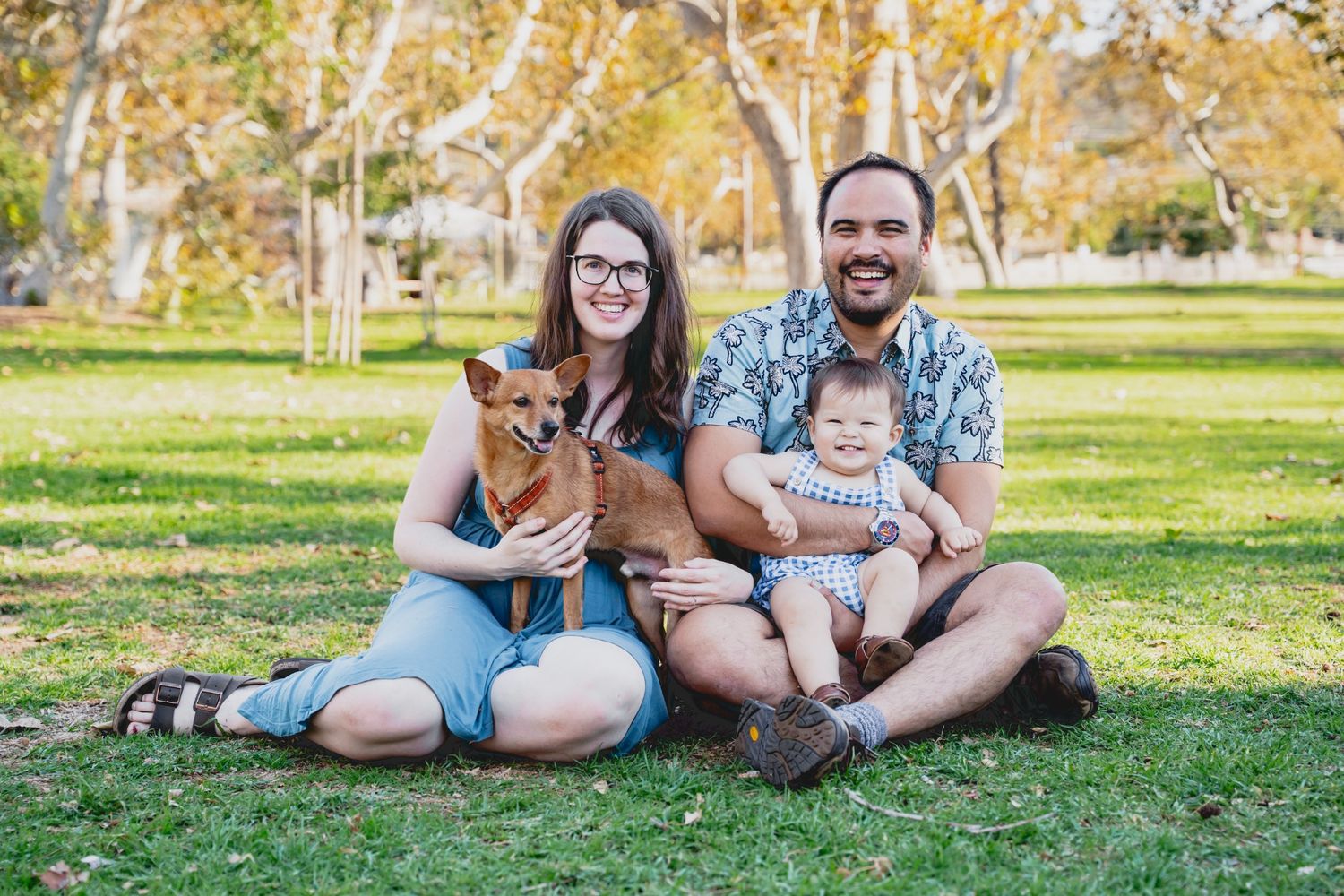 Happy family with red dog and baby sitting together on green grass in sunny park setting.