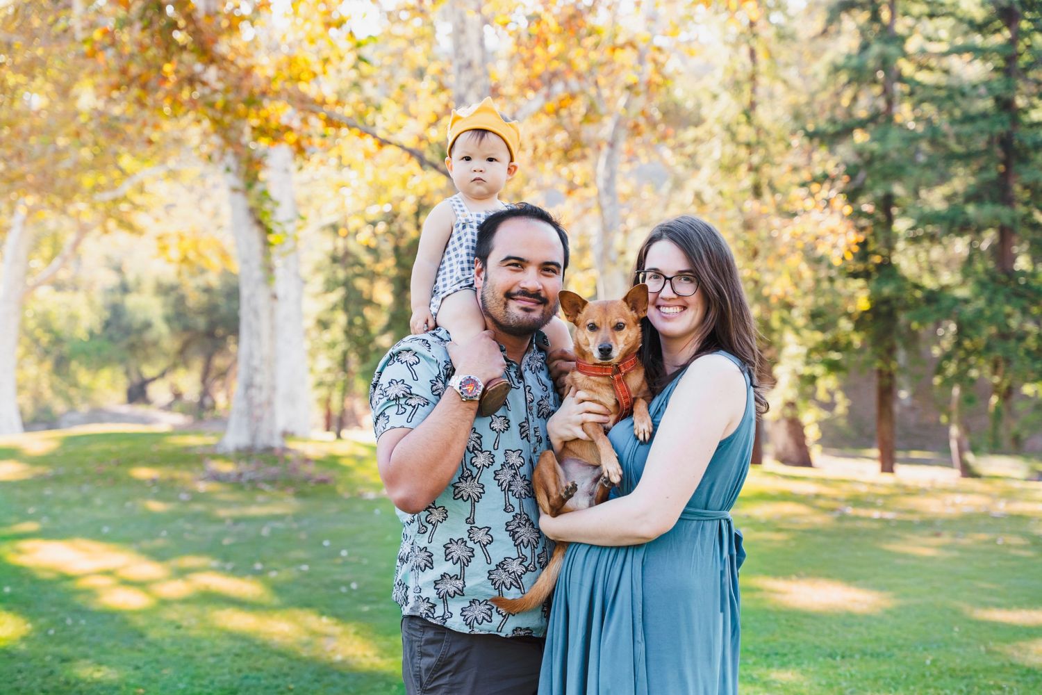 Happy family with baby on shoulders and dachshund poses in sunny autumn park.