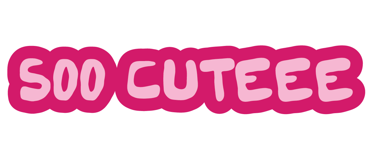 Bright pink bubble letter sticker graphic reading Soo Cuteee in playful bold typography.