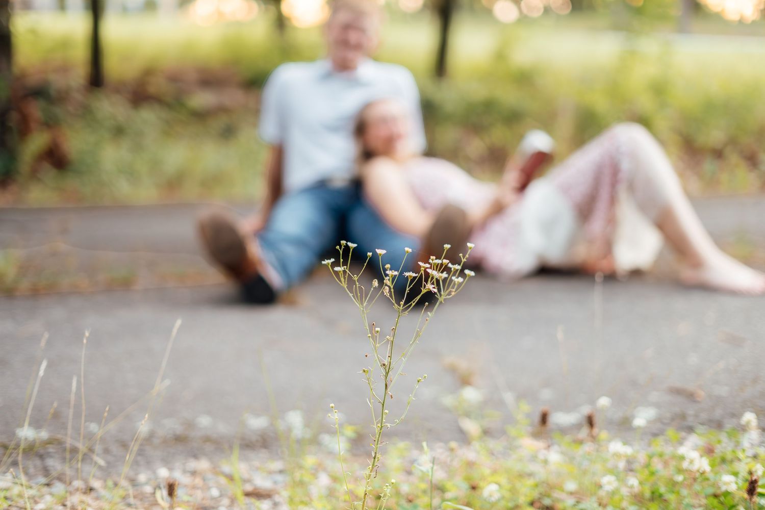 Couple relaxing together on a park path with a delicate wildflower in sharp focus in the foreground.