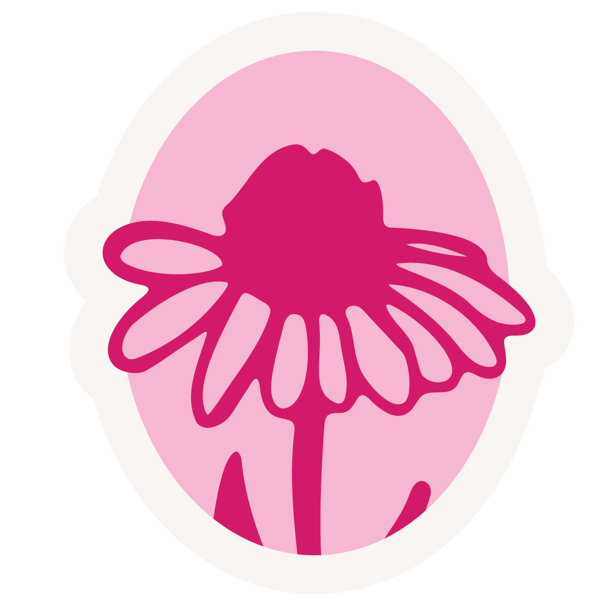 Bold pink daisy flower illustration on a light pink oval background as a decorative sticker design.