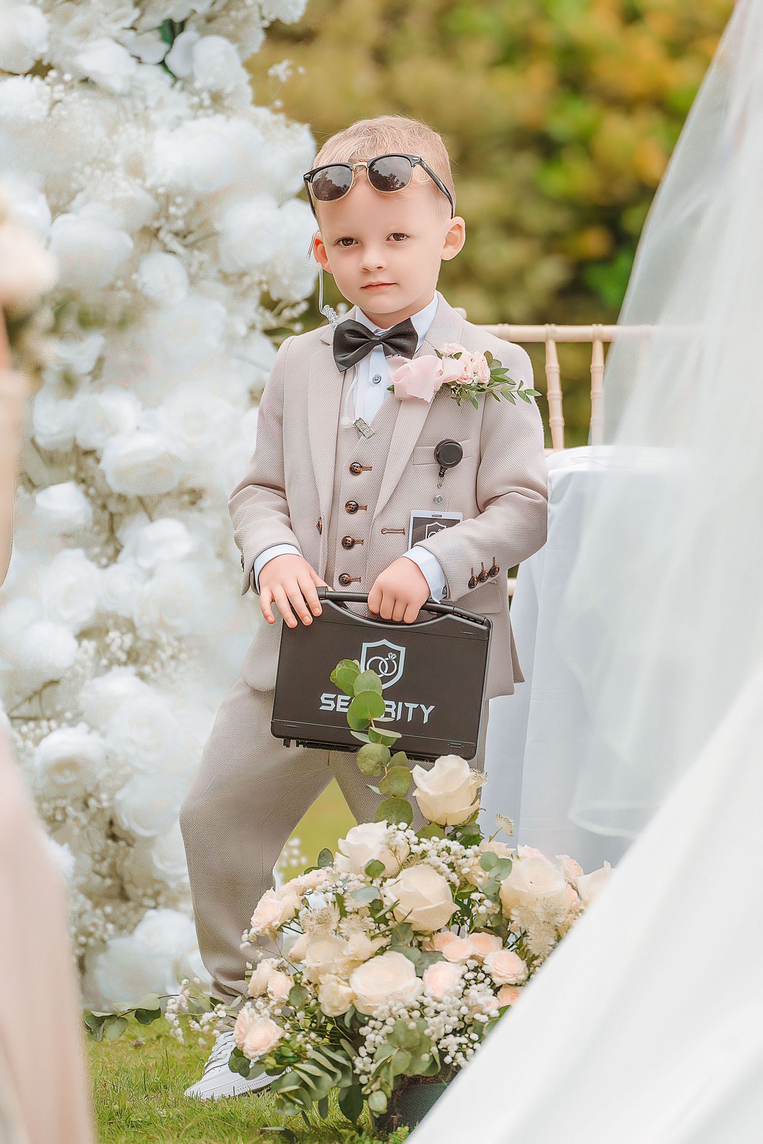 Adorable ring bearer in beige suit, bow tie, sunglasses, holding security briefcase at outdoor wedding ceremony.