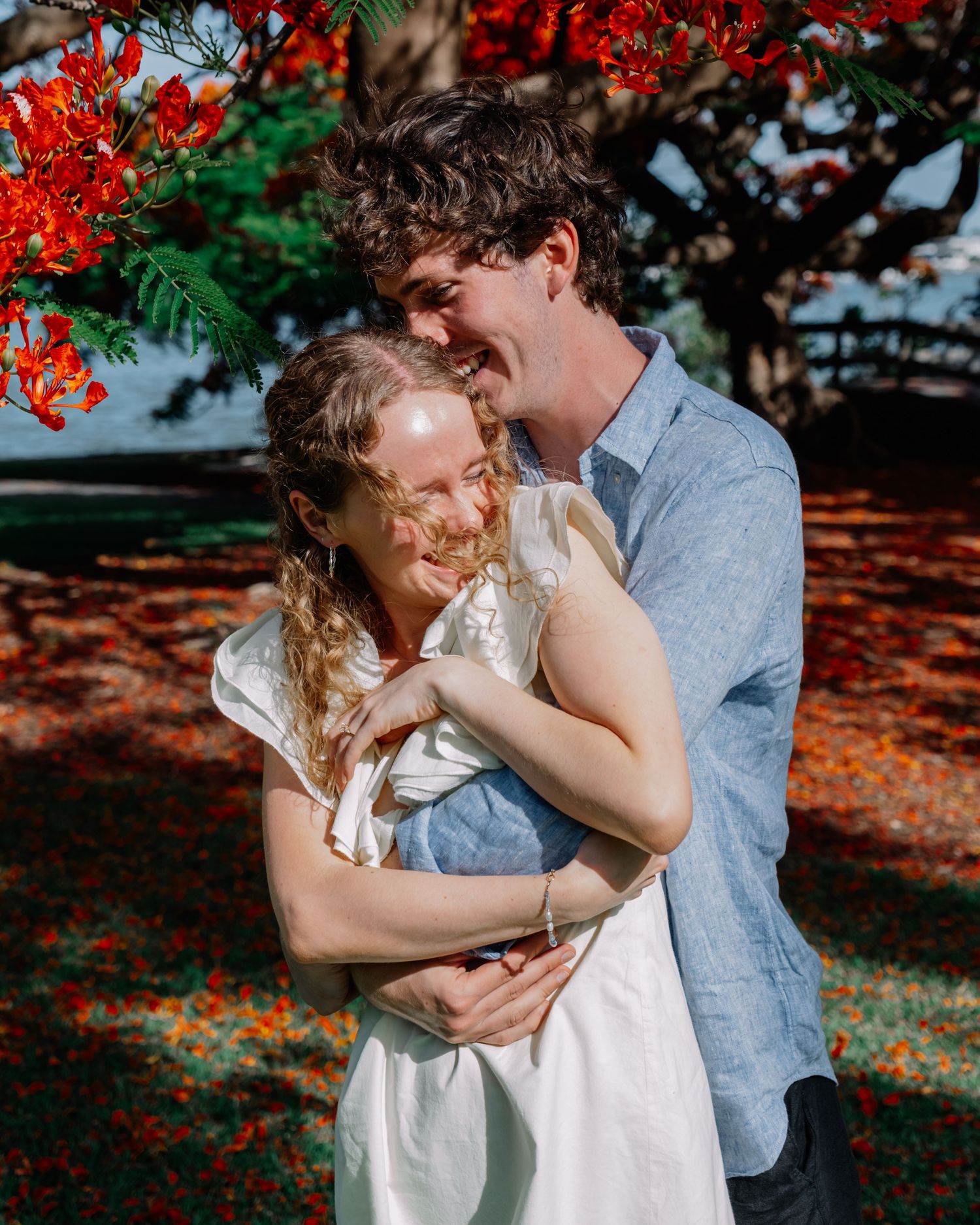Couple sharing a tender embrace under a bright red flowering tree during golden hour.