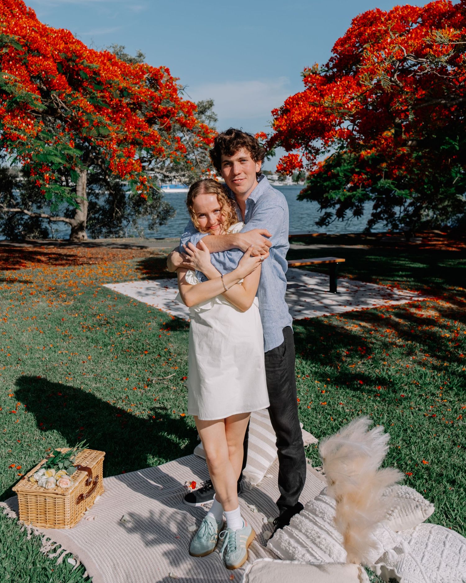 Happy engaged couple hugging on a picnic blanket surrounded by vivid red flamboyant trees.