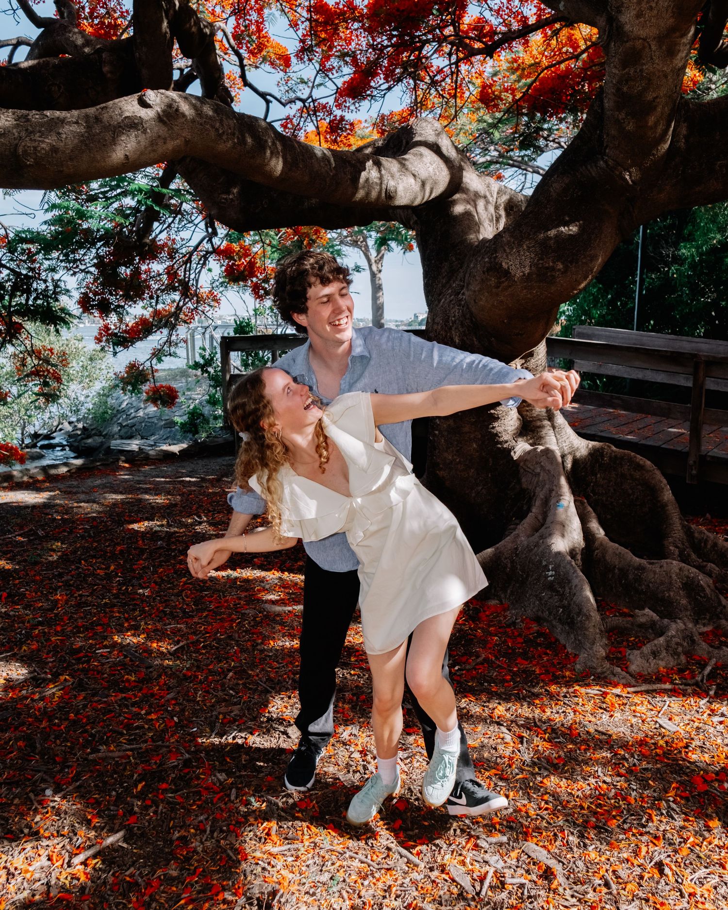 Couple dancing and spinning joyfully beneath a large tree covered in red blossoms.