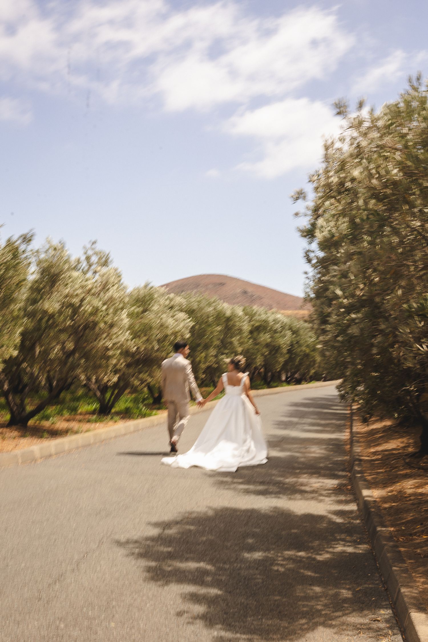 A couple walks down a tree-lined path with mountains in the background on their wedding day.