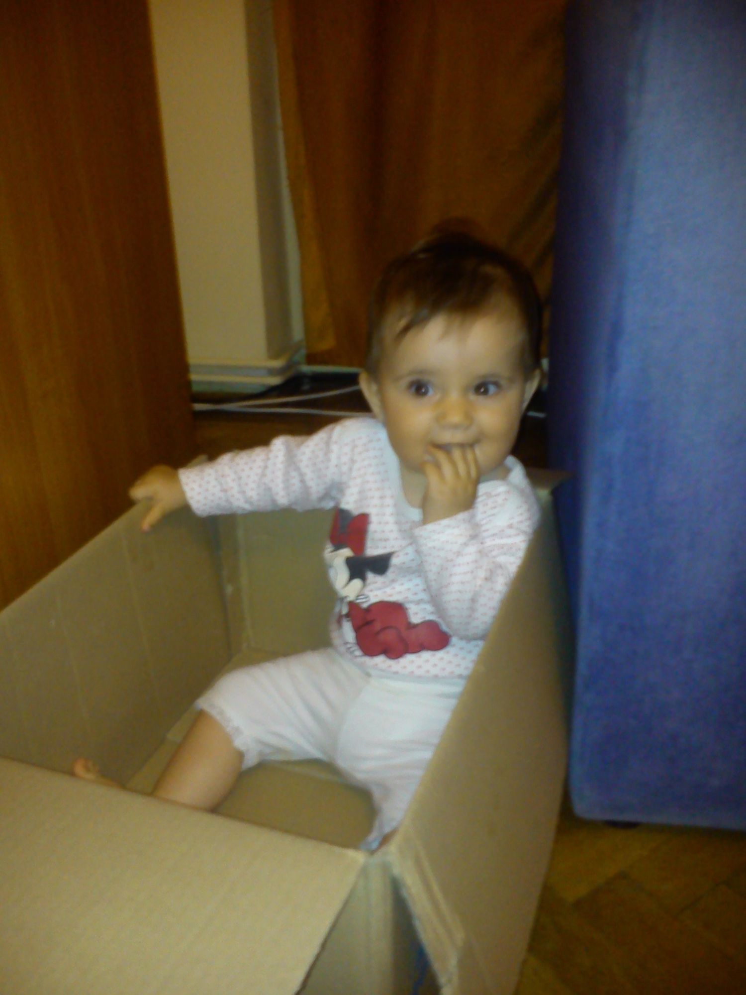 A small child playing inside a cardboard box.