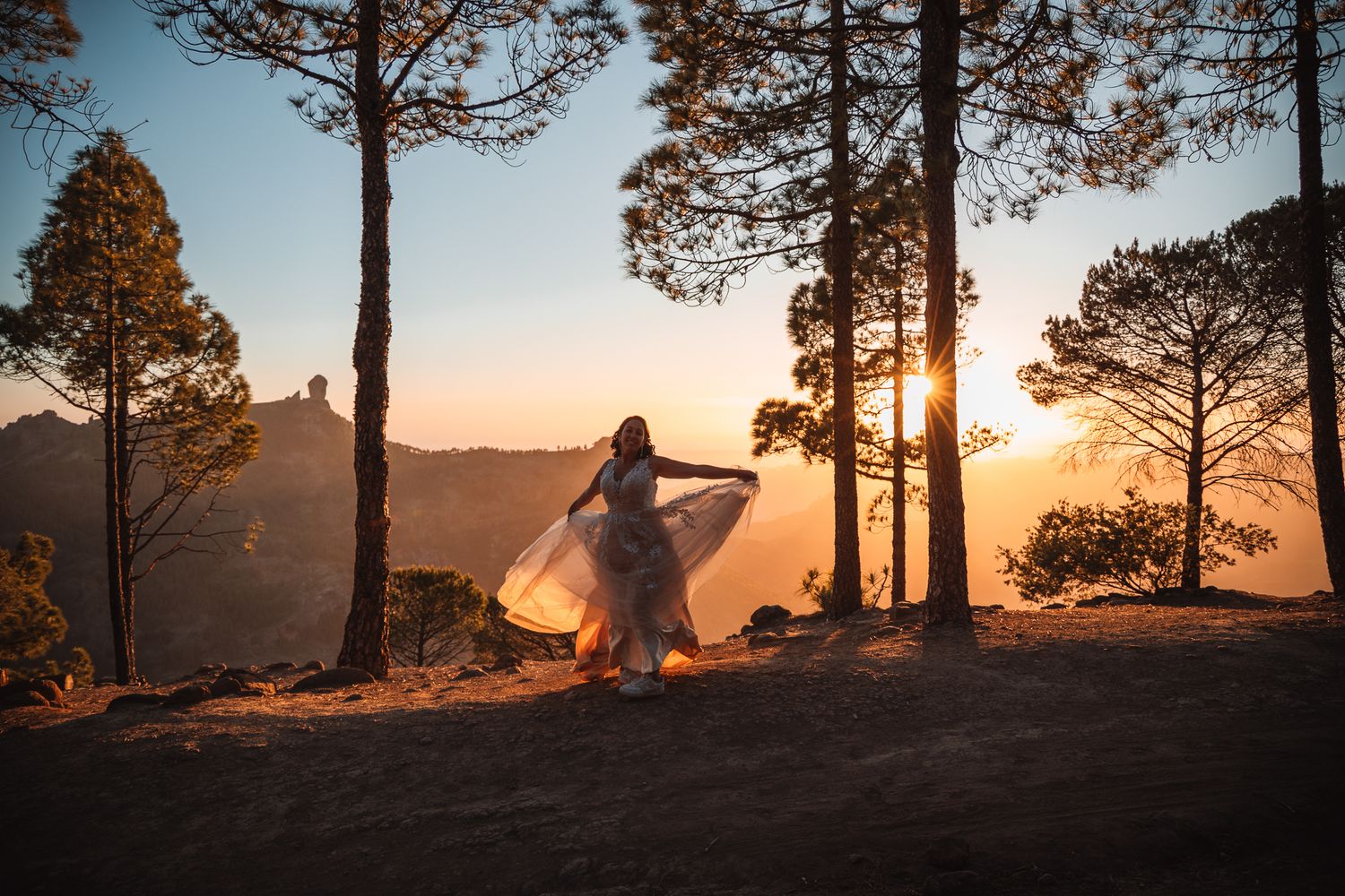 Panoramic wedding photography series with dramatic sunset lighting through mountain pine trees.