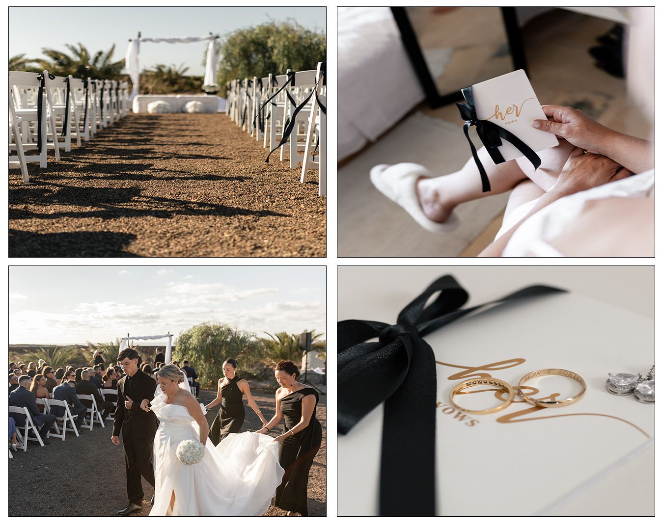 Wedding detail shots showing rings, invitations, and ceremony preparations.