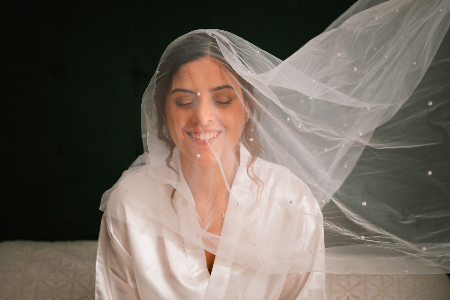 A bridal portrait featuring a flowing veil against a dark background.