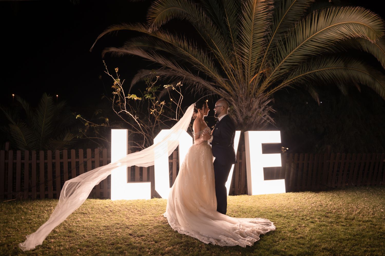 Large illuminated LOVE sign displayed outdoors at night with palm trees.