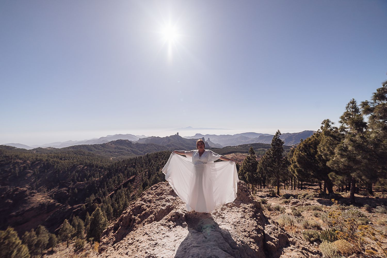 Wedding ceremony scene on a mountain overlook with vast desert landscape in the background.