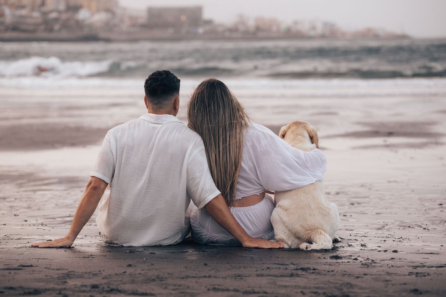 A couple and their dog relaxing together on a sandy beach at sunset.
