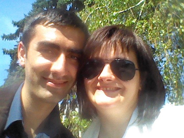 Outdoor selfies taken on a sunny day with trees in the background.