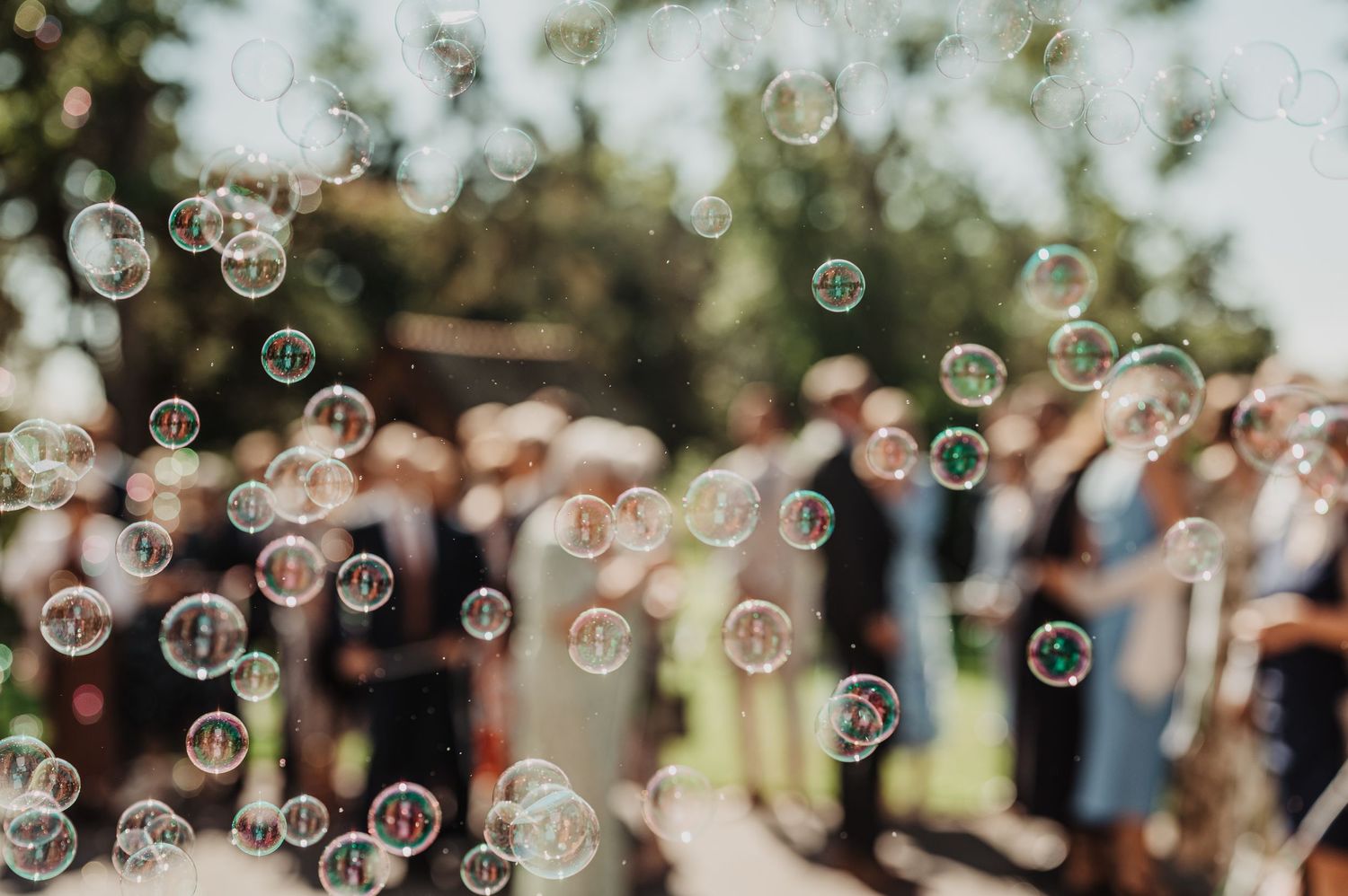 Soap bubbles floating in foreground with wedding guests gathered outdoors in background.