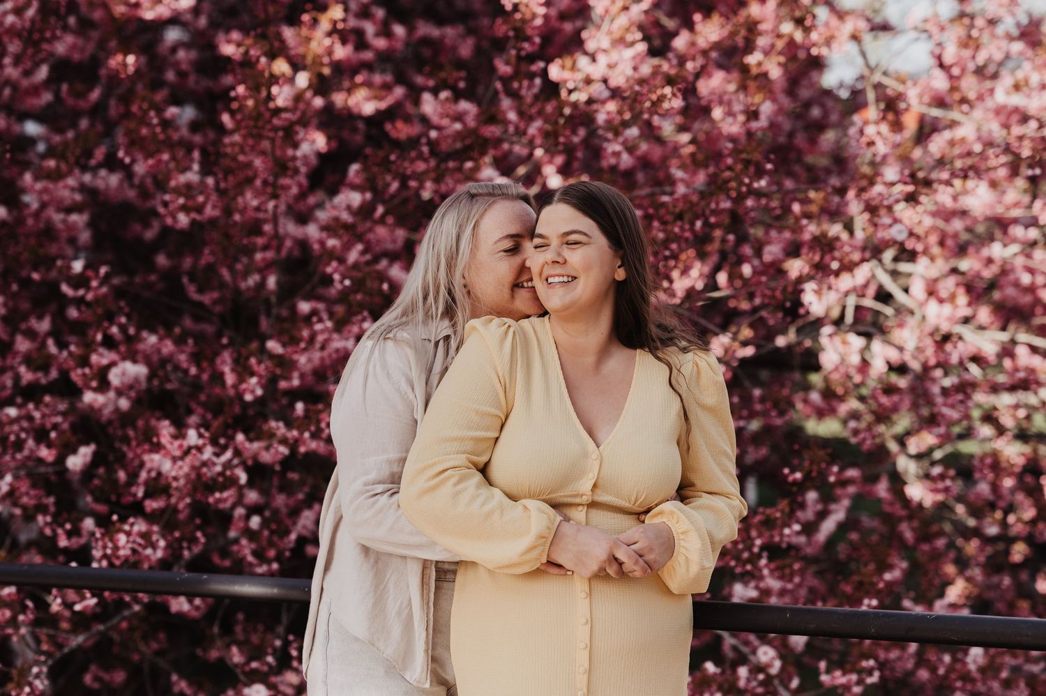 Two women embracing and sharing a kiss in front of blooming pink cherry blossom trees.