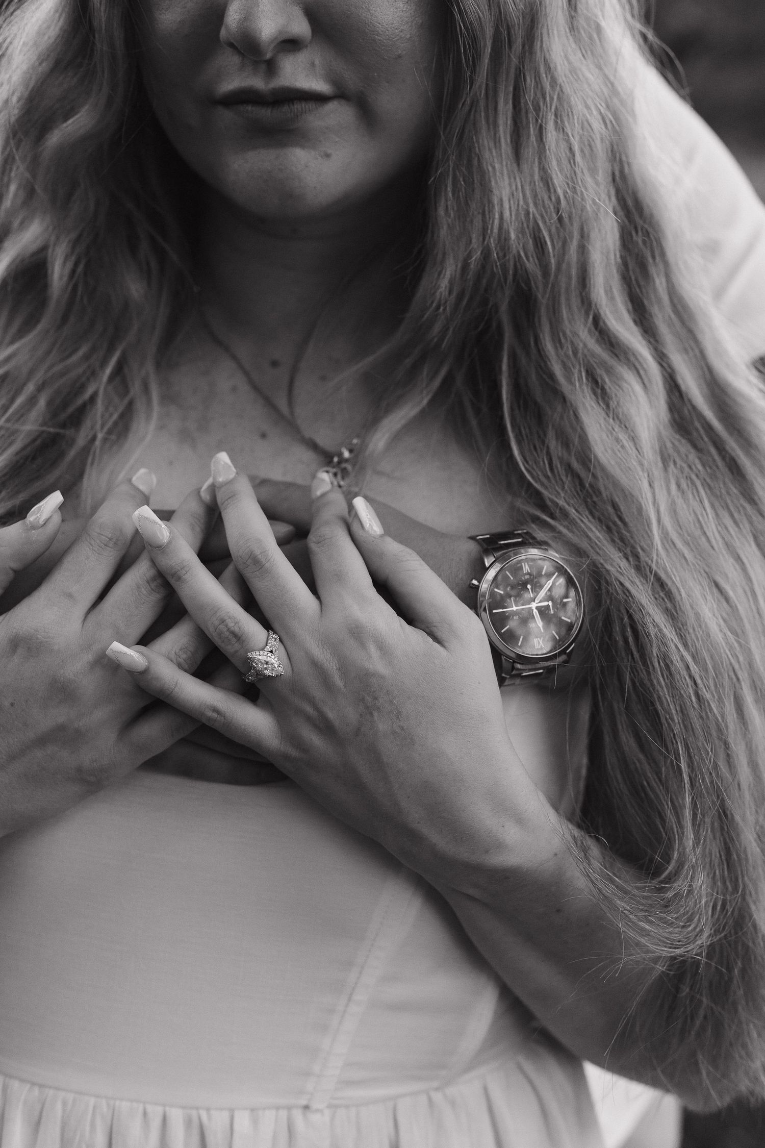 A black and white photo series showing close-up details of jewelry and hands against a light background.
