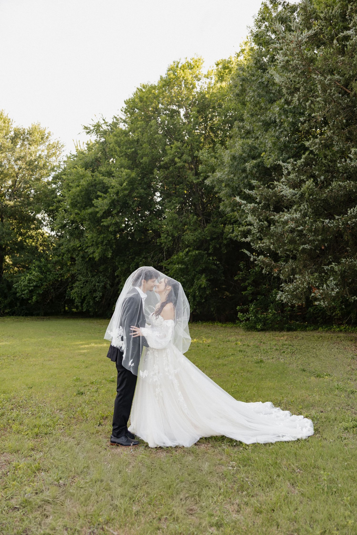 Bride and groom kissing under a flowing veil on a green lawn with lush trees in the background.