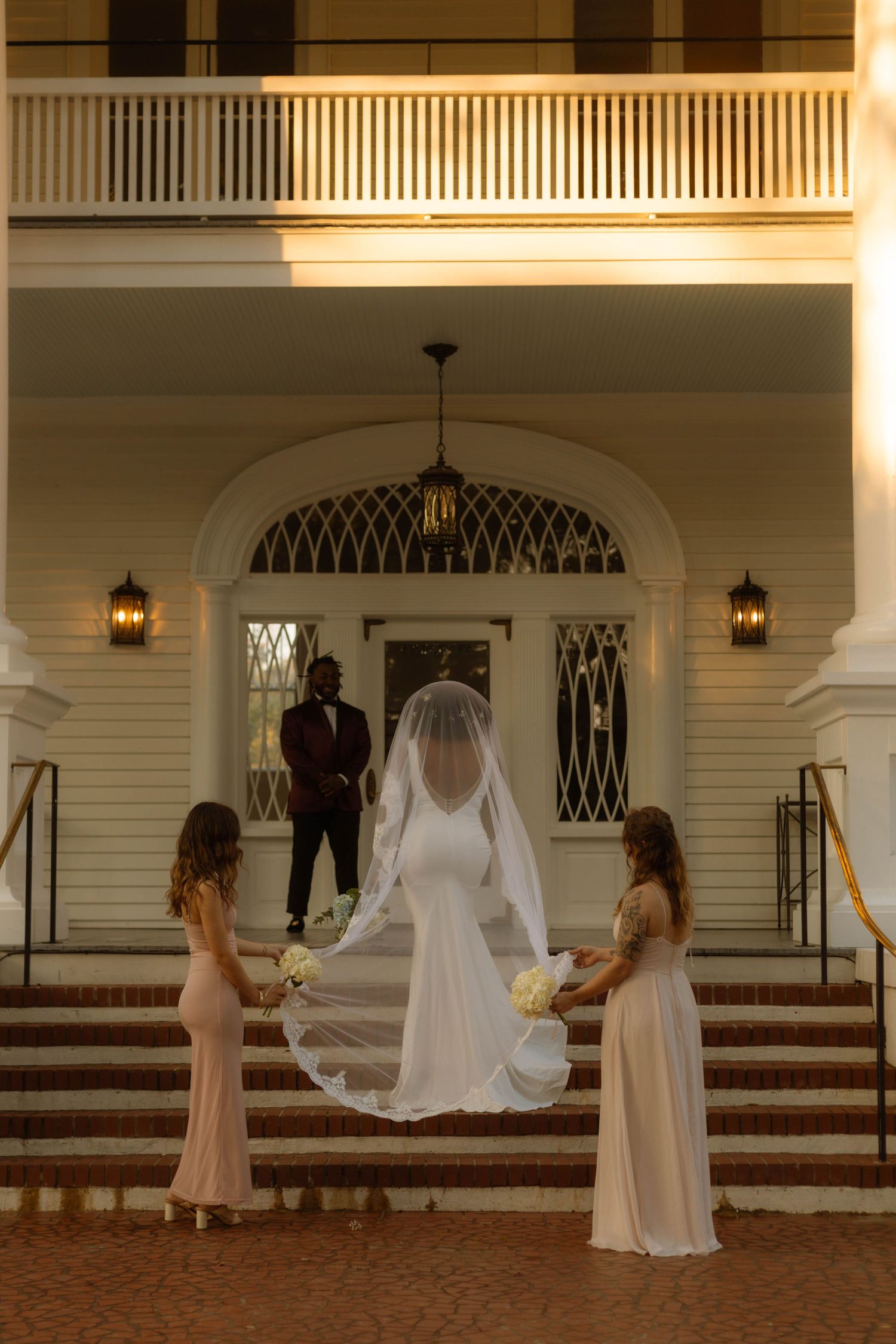 A sequence of wedding photos showing a bride's veil flowing in the wind on a porch with white columns and brick steps.
