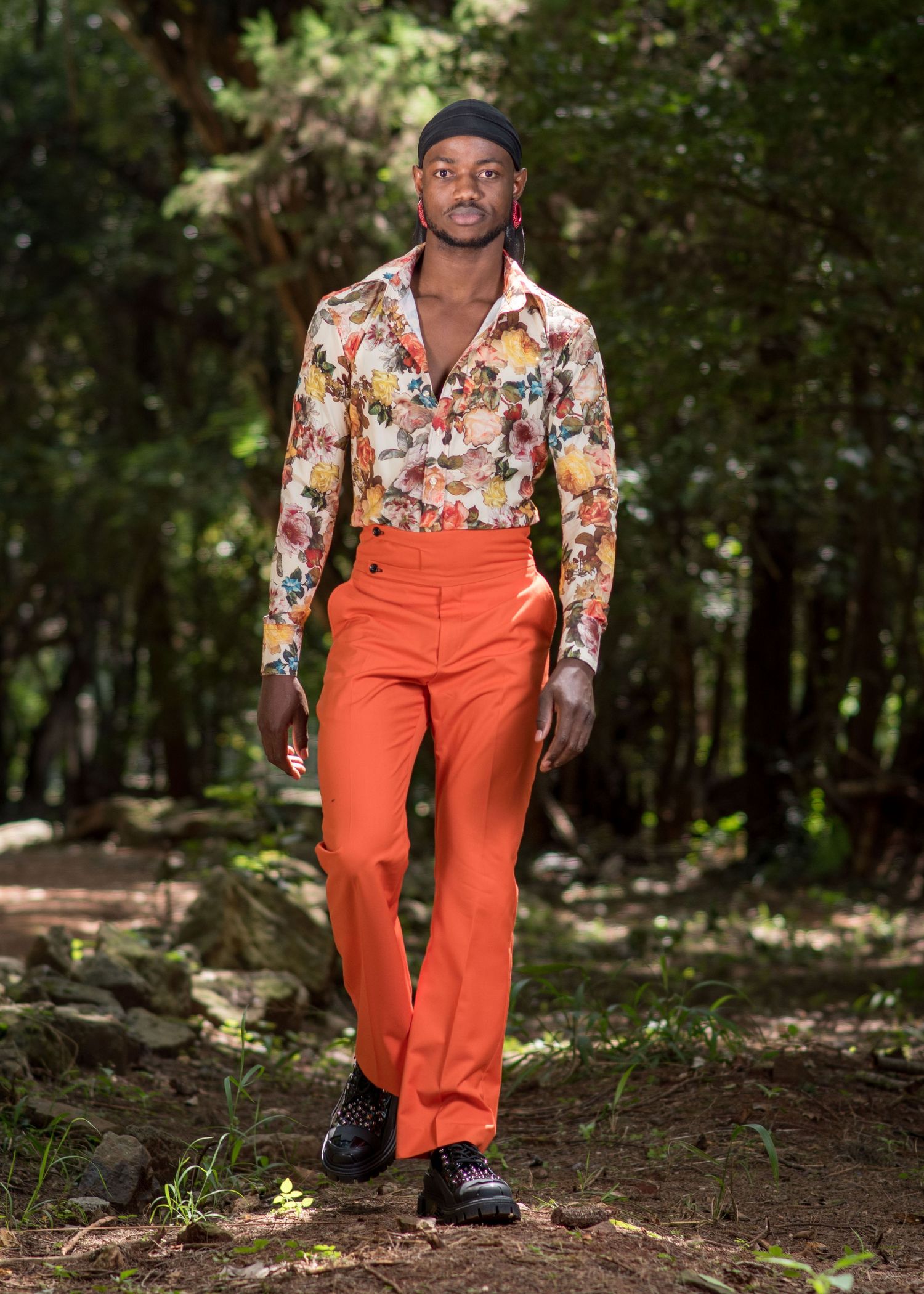 High-fashion editorial shoot in Nairobi - model in bold fashion outfit, at the Nairobi Arboretum grounds