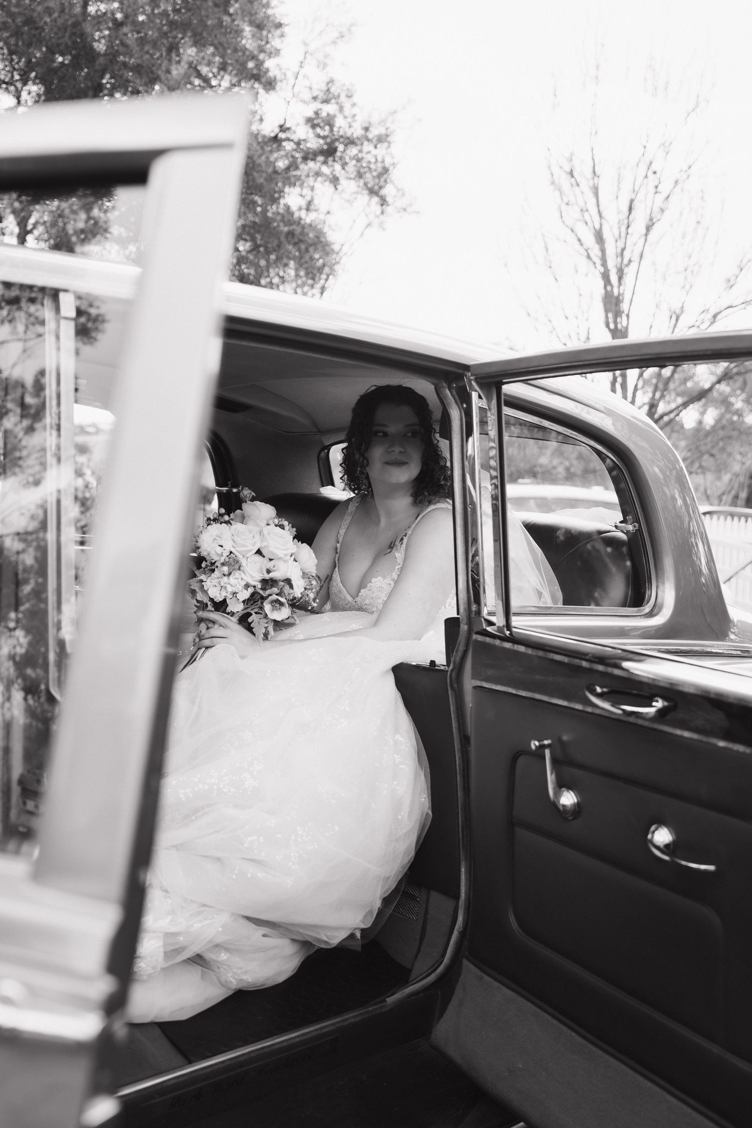 Sequence of black and white photos showing a bride entering a vintage car.