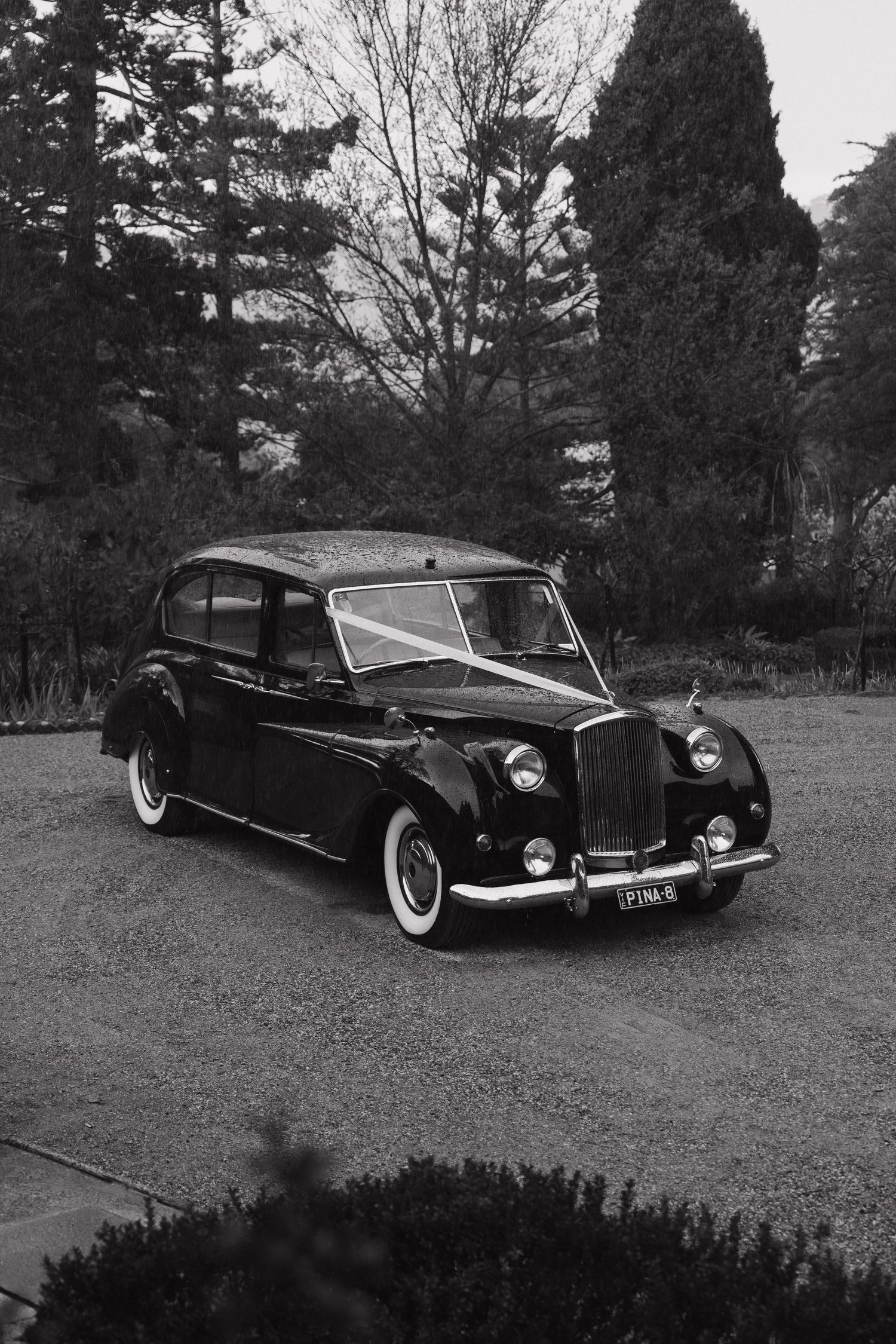 Classic vintage black convertible cars parked on grass at elegant wedding venue.
