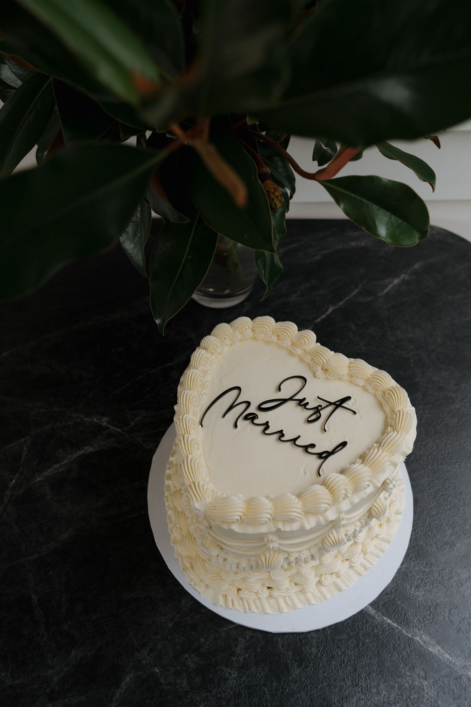 White frosted cake with decorative piping displayed on dark surface with green foliage in background.