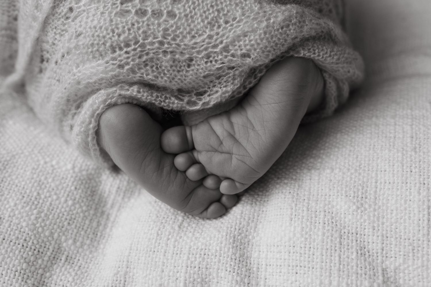 Close-up black and white photo of newborn baby feet peeking out from a soft knit blanket.