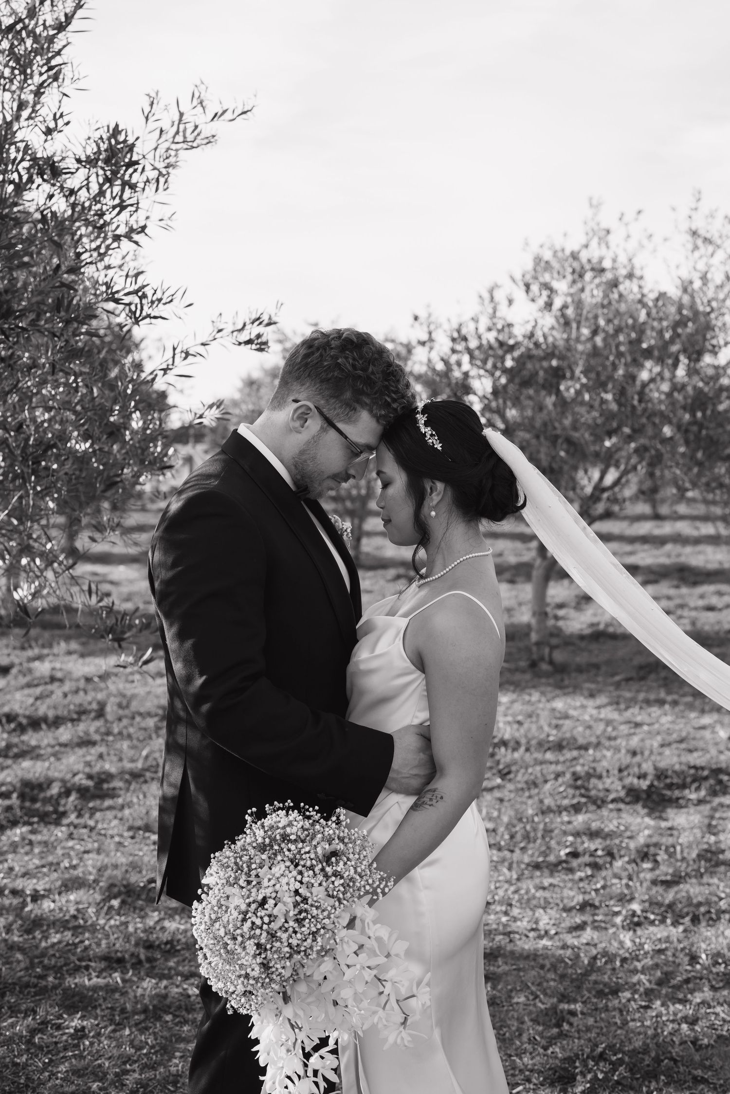 A romantic wedding couple shares tender moments in an olive grove, captured in a series of black and white photographs.