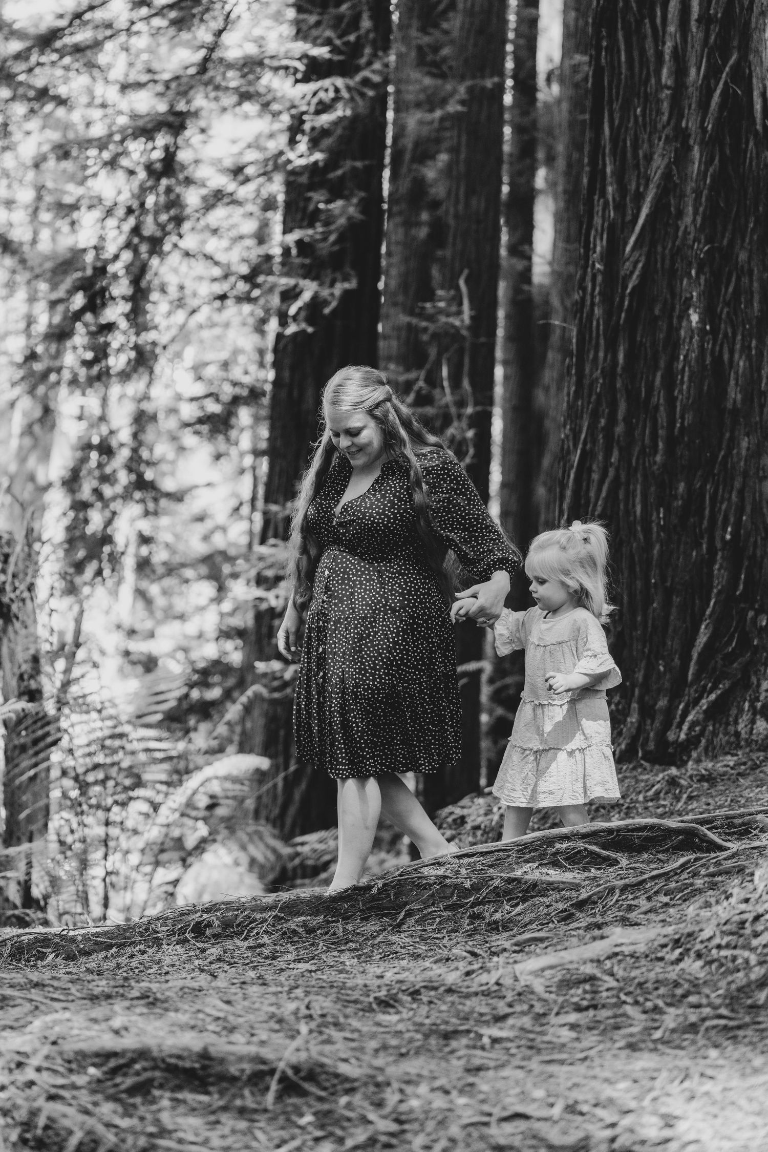 A series of black and white photos showing a person in a dress walking through a misty forest among tall trees.