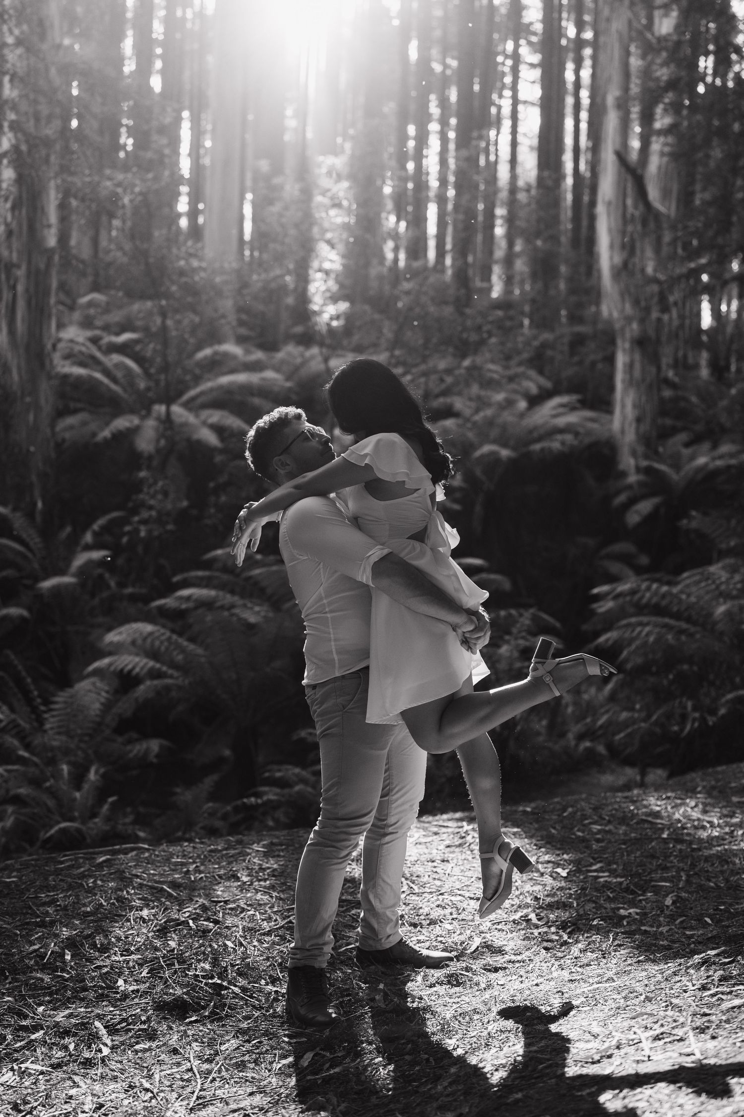 Silhouetted figures embracing in sunlit forest surrounded by tall trees and ferns.