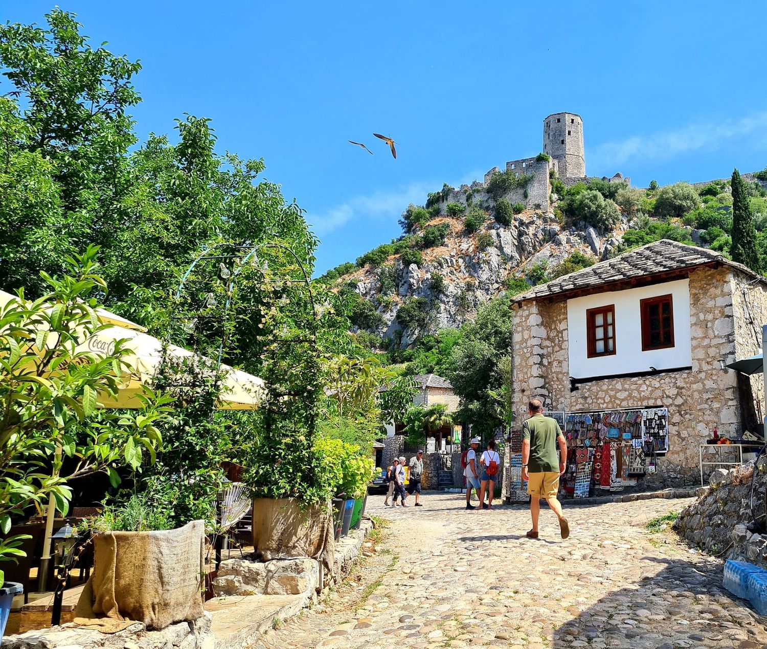 Historic stone village with medieval tower fortress overlooking cobblestone streets and traditional houses.