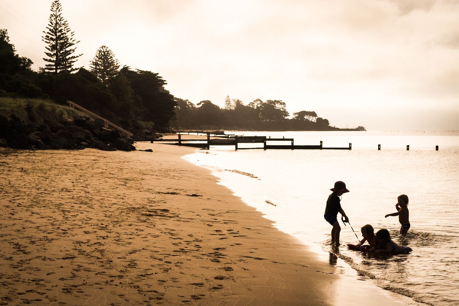 Silhouetted figures enjoy a peaceful sunset at a beach with wooden piers and pine trees along the shoreline.