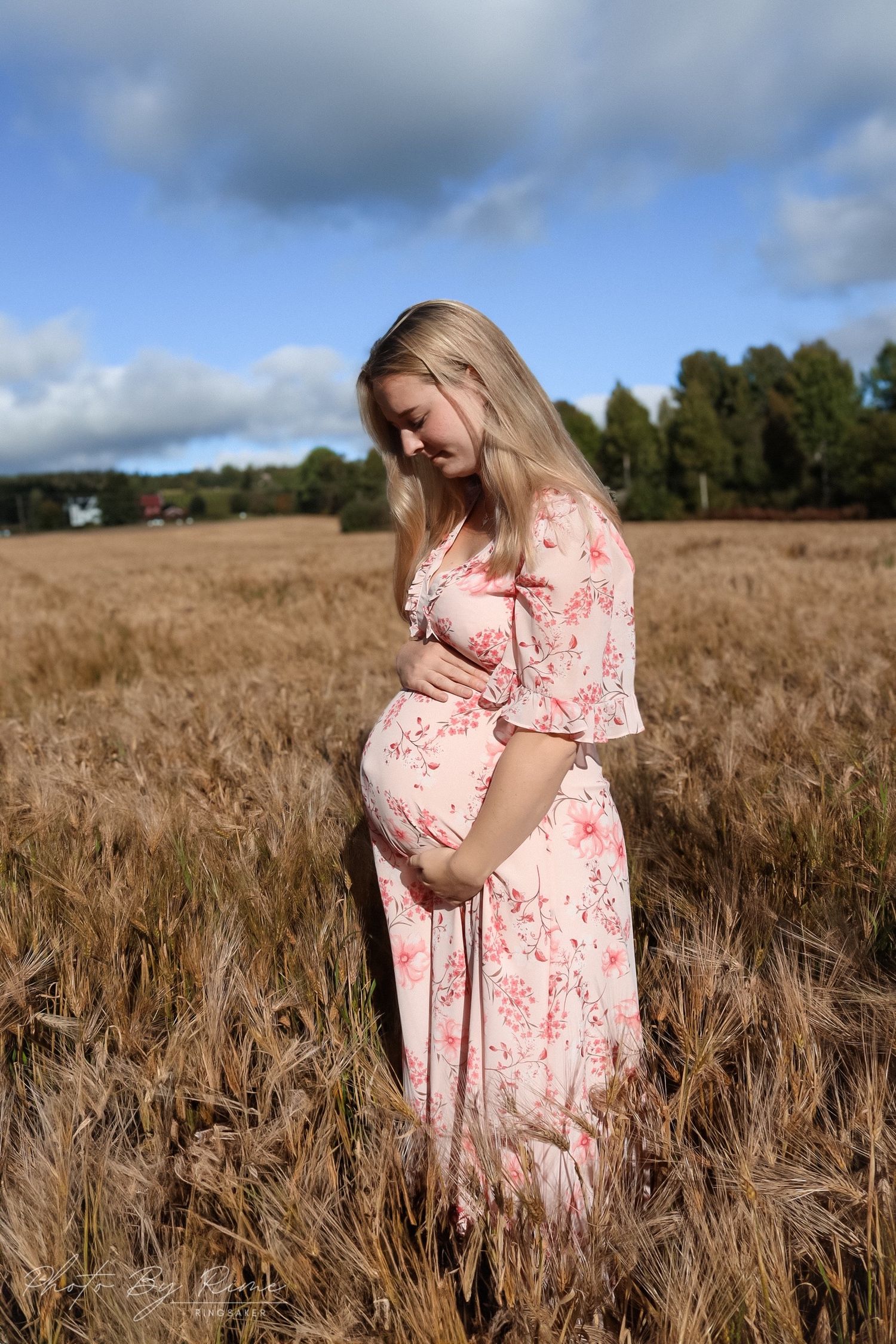 Gravid kvinne i rosa blomsterkjole som ser ned på gravidmagen i en solfylt kornåker.